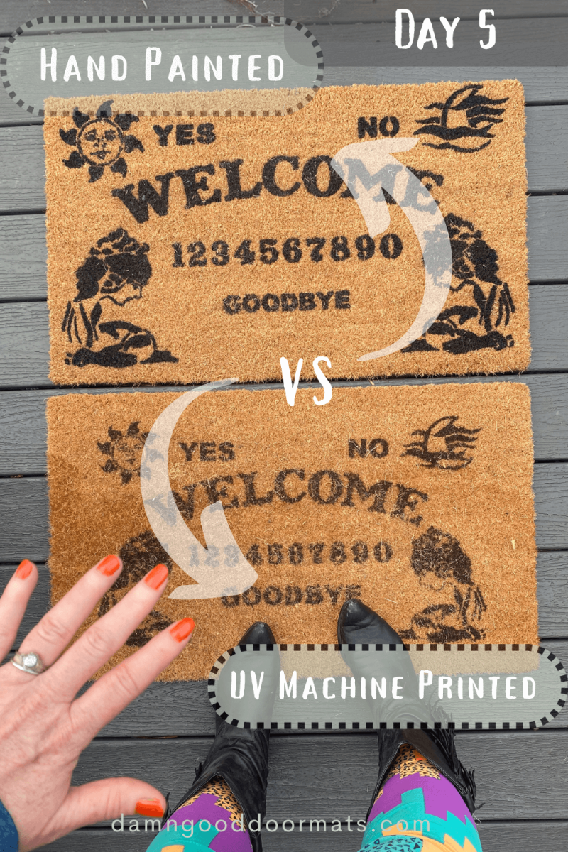 promo for blog post showing howhand painted doormats are better than UV machinbe printed coir doormats